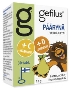 LGG Gefilus maitohappobakteeri Gefilus Purutabletit + D Päärynä pakkaus